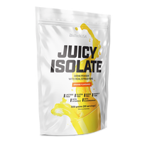 BioTechUSA Juicy Isolate ist ein aromatisiertes, einem Erfrischungsgetränk ähnliches Protein-Getränkepulver mit Ballaststoffen und Vitamin C, das zucker-, fett-, laktose- und glutenfrei ist.