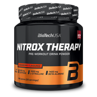BioTechUSA Nitrox Therapy Pre-Training-Getränkepulver, mit Zucker und Süßungsmittel, Aminosäuren, Vitaminen und Mineralstoffen sowie 200 mg Koffein in einer Tagesration.