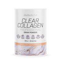 BioTechUSA Clear Collagen Professional erfrischendes aromatisiertes Getränkepulver mit hydrolysiertem Kollagen, Hyaluronsäure, Aminosäuren, Vitaminen und Mineralstoffen sowie Zucker und Süßungsmittel.