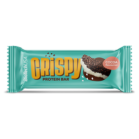 BioTechUSA Crispy Protein Bar – Knuspriger Proteinriegel mit Kakaogeschmack, unten mit weißer Kuvertüre überzogen, mit Milchprotein-Extrudat, Keksstücken, Zucker und Süßungsmitteln, glutenfrei.