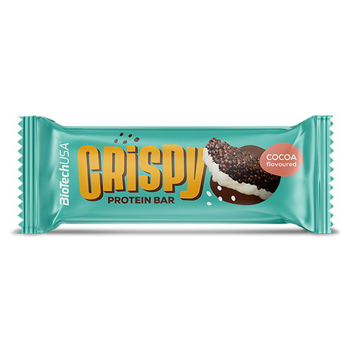 BioTechUSA Crispy Protein Bar – Knuspriger Proteinriegel mit Kakaogeschmack, unten mit weißer Kuvertüre überzogen, mit Milchprotein-Extrudat, Keksstücken, Zucker und Süßungsmitteln, glutenfrei.