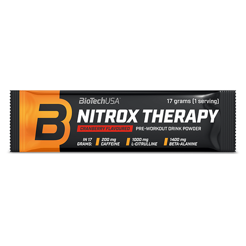 BioTechUSA Nitrox Therapy Pre-Training-Getränkepulver, mit Zucker und Süßungsmittel, Aminosäuren, Vitaminen und Mineralstoffen sowie 200 mg Koffein in einer Tagesration.